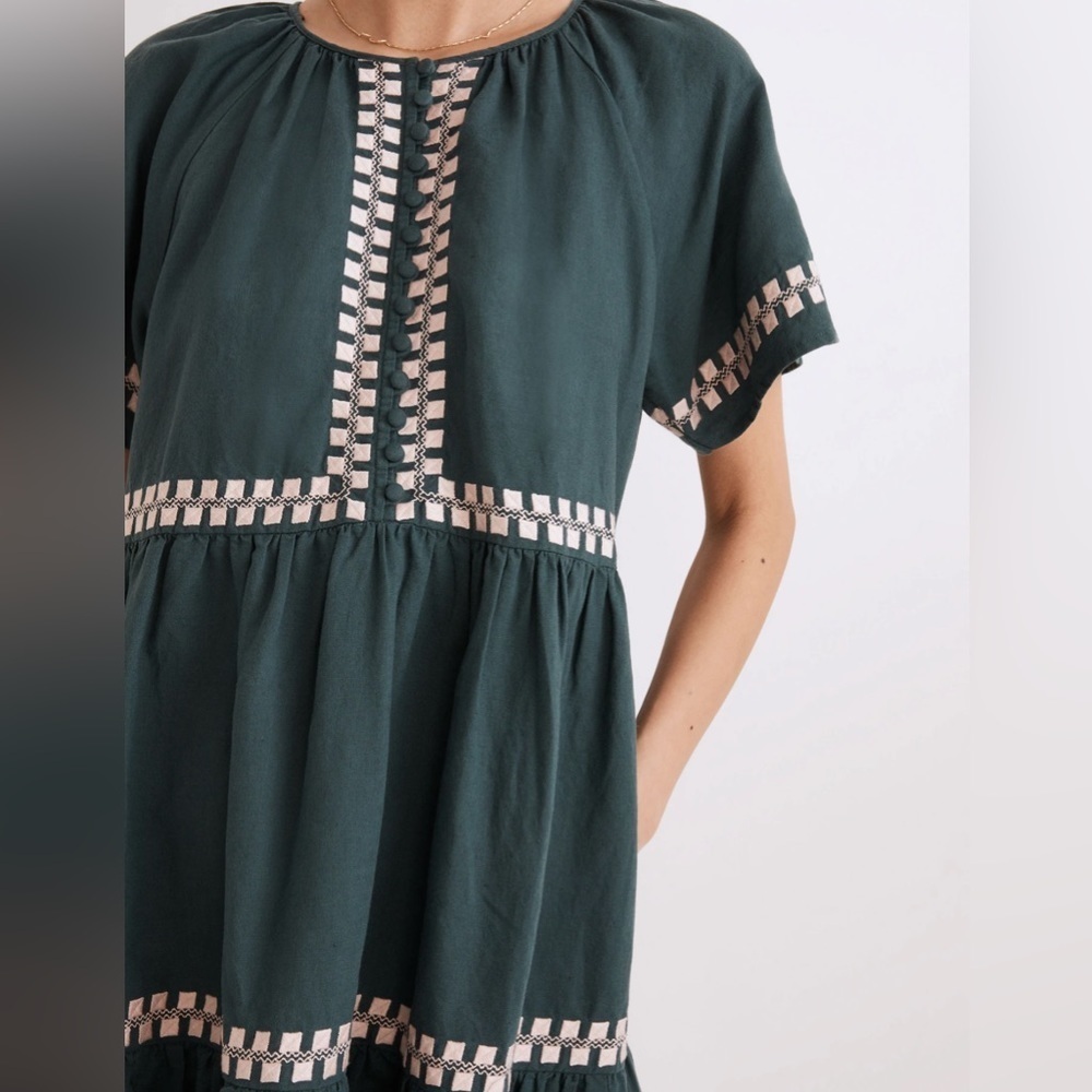 Madewell Embroidered Linen-Blend Flutter-Sleeve Mini Dress XXS Green Preppy Airy - Picture 3 of 11